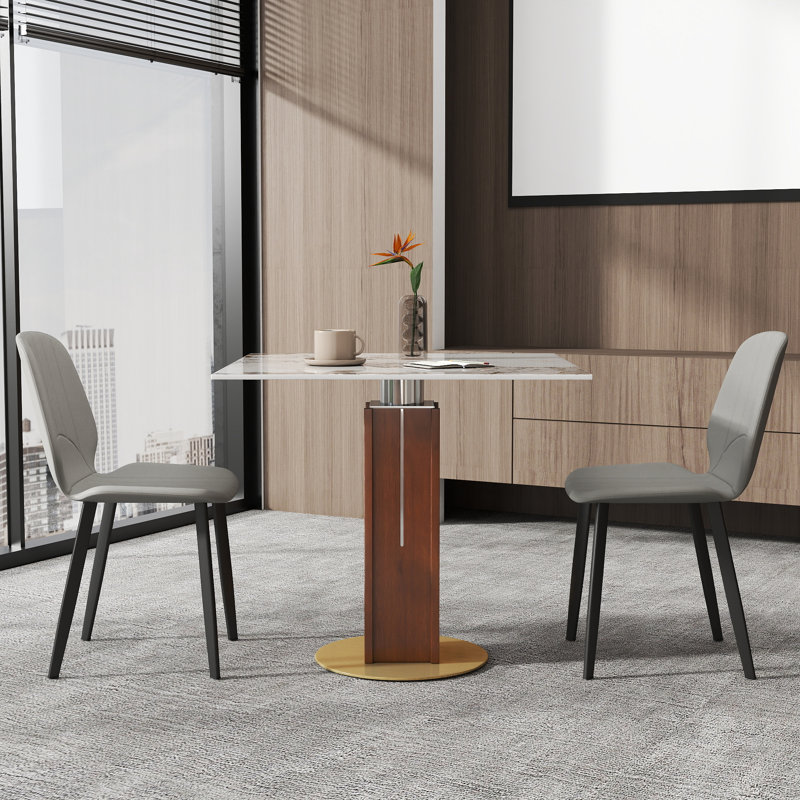 Ensemble 3 pièces de table de conférence moderne en pierre frittée carrée avec 2 chaises en cuir, Crème, Gris