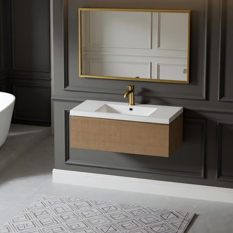 Meuble-lavabo mural 42 po avec lavabo flottant 42 po, Chêne, Blanc