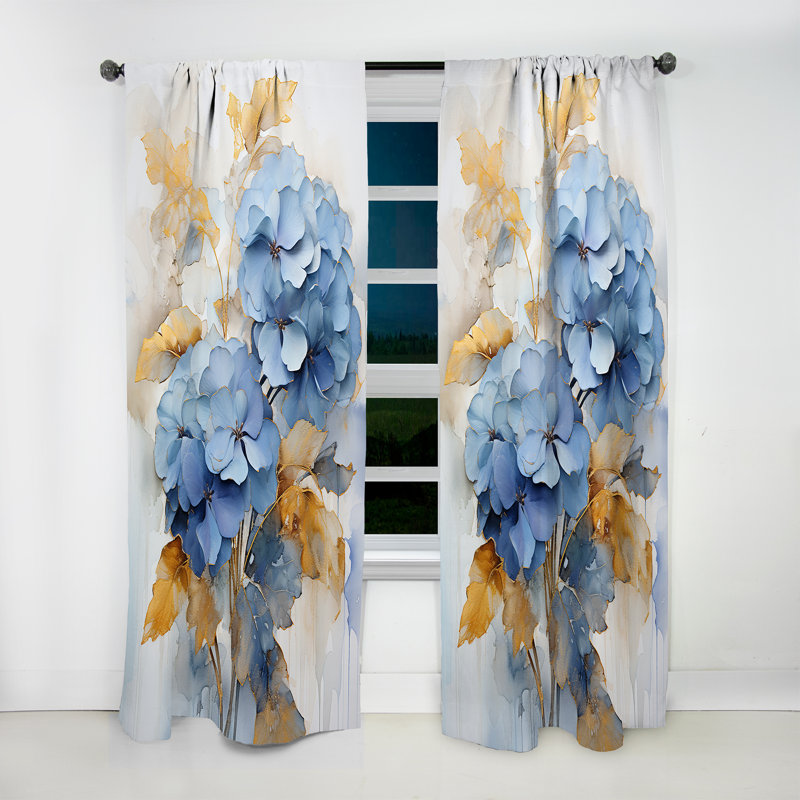 Raj Blue And Gold Minimalism Pansy Radiance Bouquet - Pansies Curtain - Velvet Room Darkening - 1 panel, 52" W x 63" L