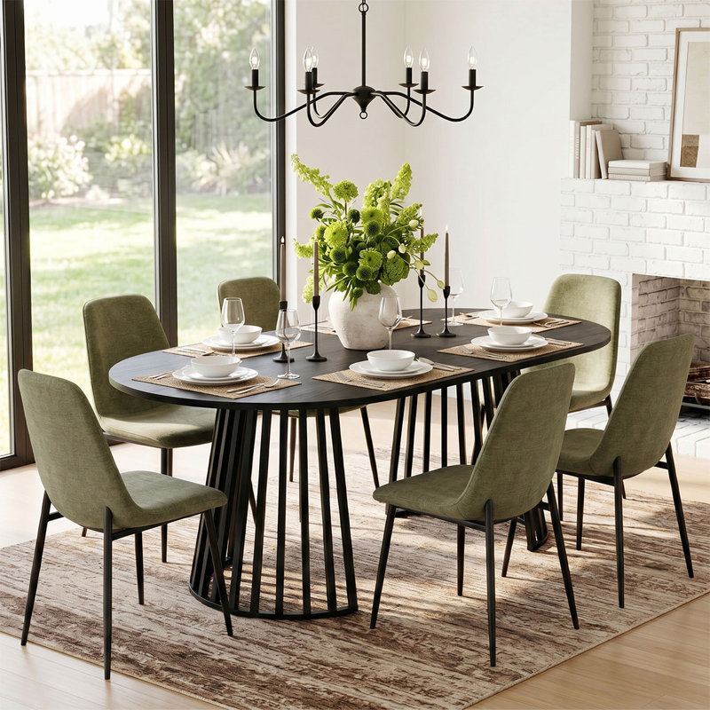 6- Person Dining Table Sets With Extendabe Oval Table & 6 Upholstered Chenille Dining Chairs, Green