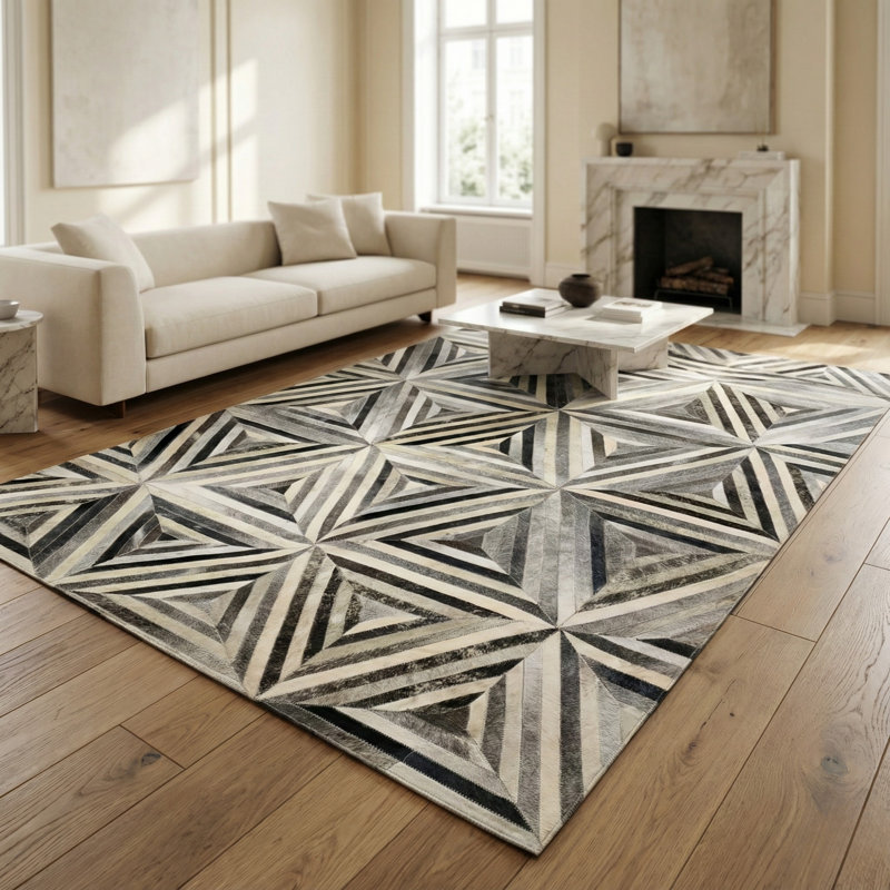 Tapis en cuir fabriqué à la main à motif géométrique, tapis de luxe moderne, noir et gris sur mesure, Rectangle 10 pi x 14 pi