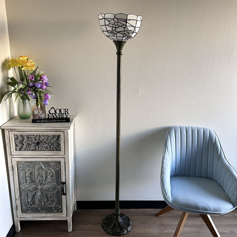Sehnaz White Stained Glass and Bronze Floor Lamp