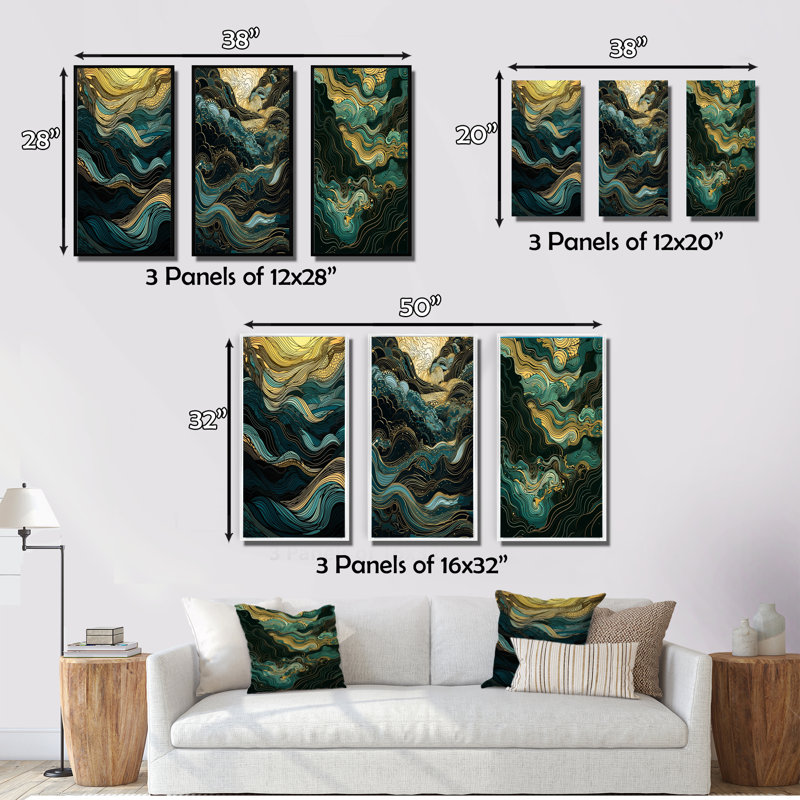 «Green Linear Symphony», 3 pièces sur toile, Toile tendue, H 20 po x l 36 po