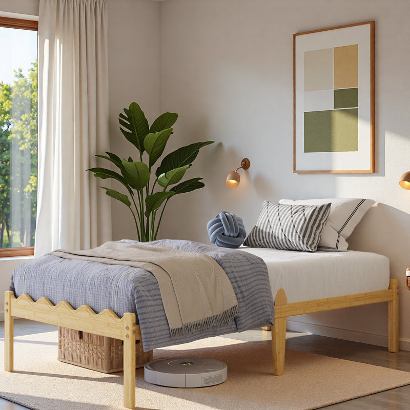 14 Inch Natural Bamboo Twin XL Size Bed Frame, Warm Tone Modern Style, Heavy-Duty Platform Bed, Wave-Shaped Design to Prevent Mattress Slipping, Squeak-Free & No Wobble, No Box Spring Needed