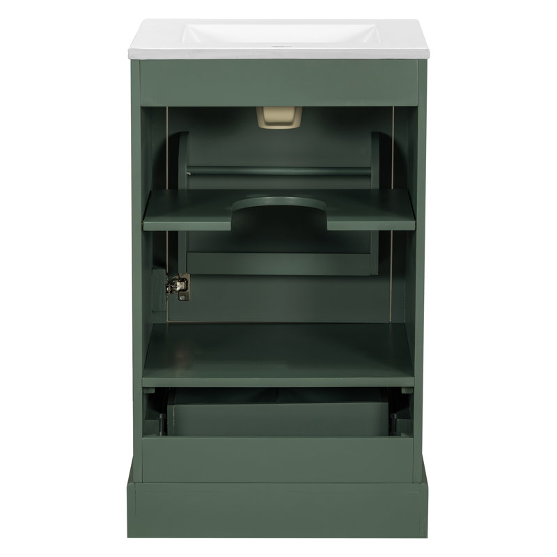 Meuble-lavabo de 20 po avec lavabo en céramique, porte à fermeture en douceur, tablette ajustable en forme de U, tiroir de compartiment et support de porte, style moderne, conception peu encombrante