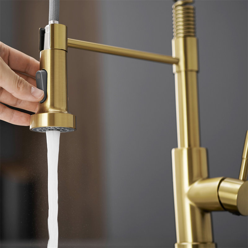 Kitchen Faucet With Pull Down Sprayer Stainless Steel Single Handle Pull Out Spring Sink Faucets, Brushed Gold