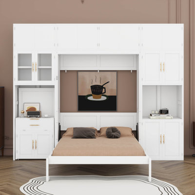 Lit escamotable double avec bureau, tiroirs de rangement et éclairage DEL, lit escamotable en bois avec étagères de rangement, porte vitrée et station de recharge USB