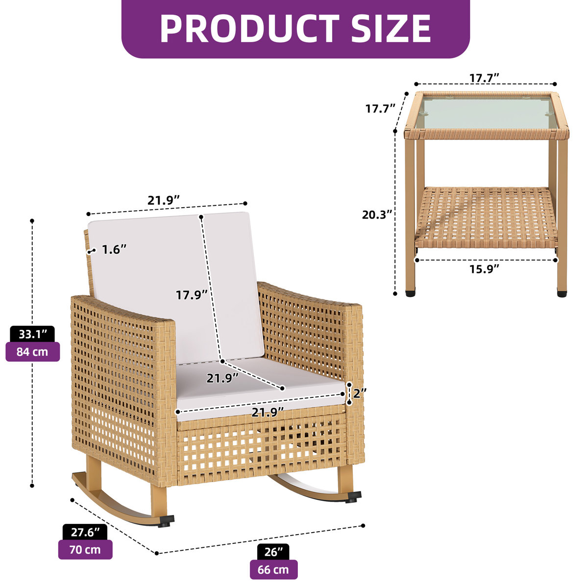 Ebern Designs 3 Pieces Outdoor Rocking Chair Set with Handwoven PE ...