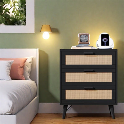 Rattan Nightstand With Charging Station – Boho Bedside Table With 3 Large Drawers