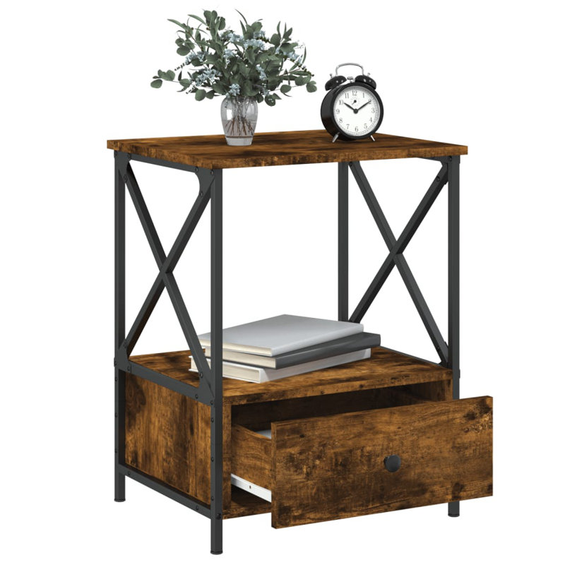 Ardi 50cm W Iron Bedside Table, Smoked Oak