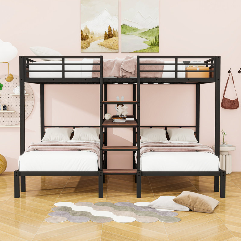 Metal Bunk Bed With Storage Shelves, Stairs, And Workstation, Queen Over Twin Over Twin