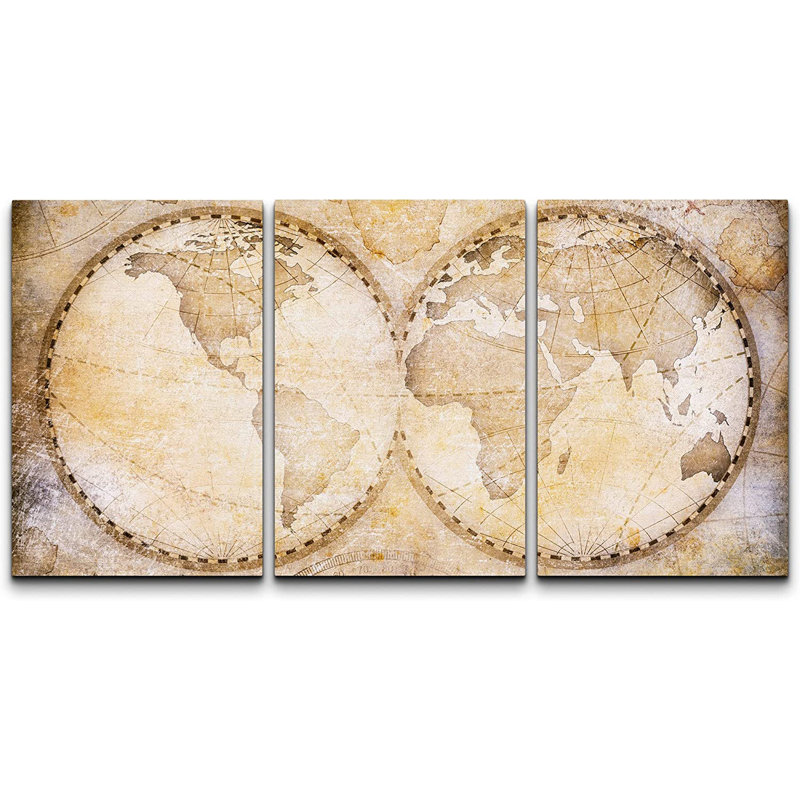 World Map Antique Global of the Earth - 3 Piece Framed Print Set on Canvas, Wrapped Canvas, 24" H x 48" W x 1.5" D