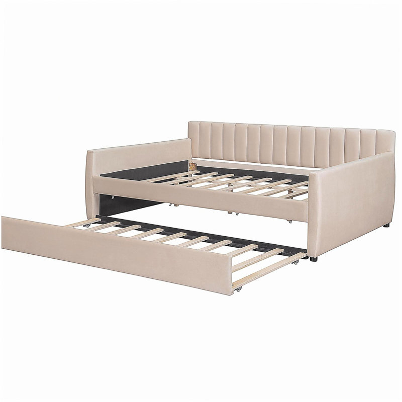 Lit de jour double rembourré avec support pour lit gigogne et lattes de bois, Beige