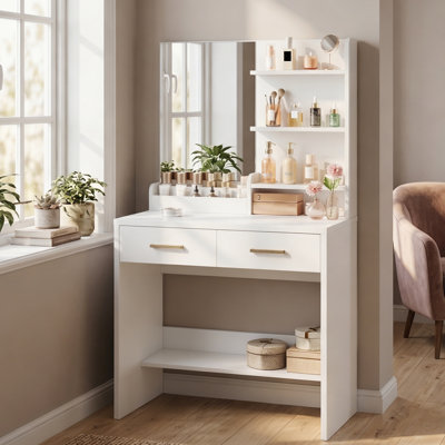 Bureau de coiffeuse avec miroir et 2 tiroirs, 3 tablettes ouvertes, coiffeuse pour la chambre à coucher