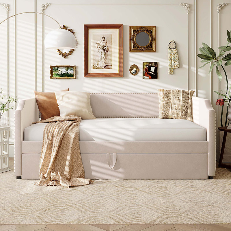 Twin Size Velvet Upholstered Daybed With Pop Up Trundle, Beige, Perfect For Small Spaces And Sleepovers, Beige