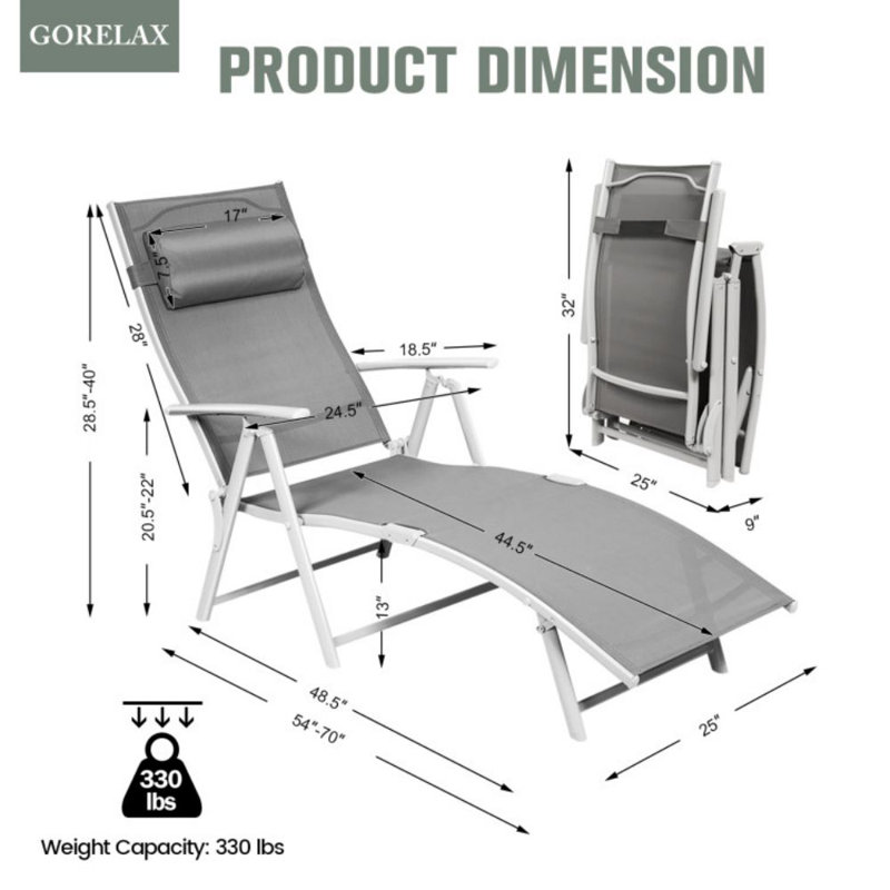 Adjustable Outdoor Lightweight Folding Chaise Lounge Chair With Pillow, Gray, White