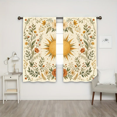 2 Pieces Bohemian Sun Floral Pattern Light Filtering Curtains with Botanical Leaf Vines, Aesthetic Boho Room Decor, Easy Hang Rod Pocket Design, All-Season for Home Living Room, Bedroom and Study Room Decoration