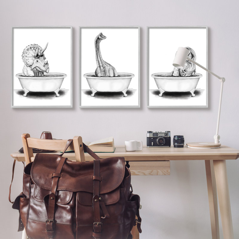 «Dinosaurs Bathing Bath Tub» par Rachel Nieman - ensemble de 3 impressions, H 30 po x l 24 po, Estampe numérique Farmhouse