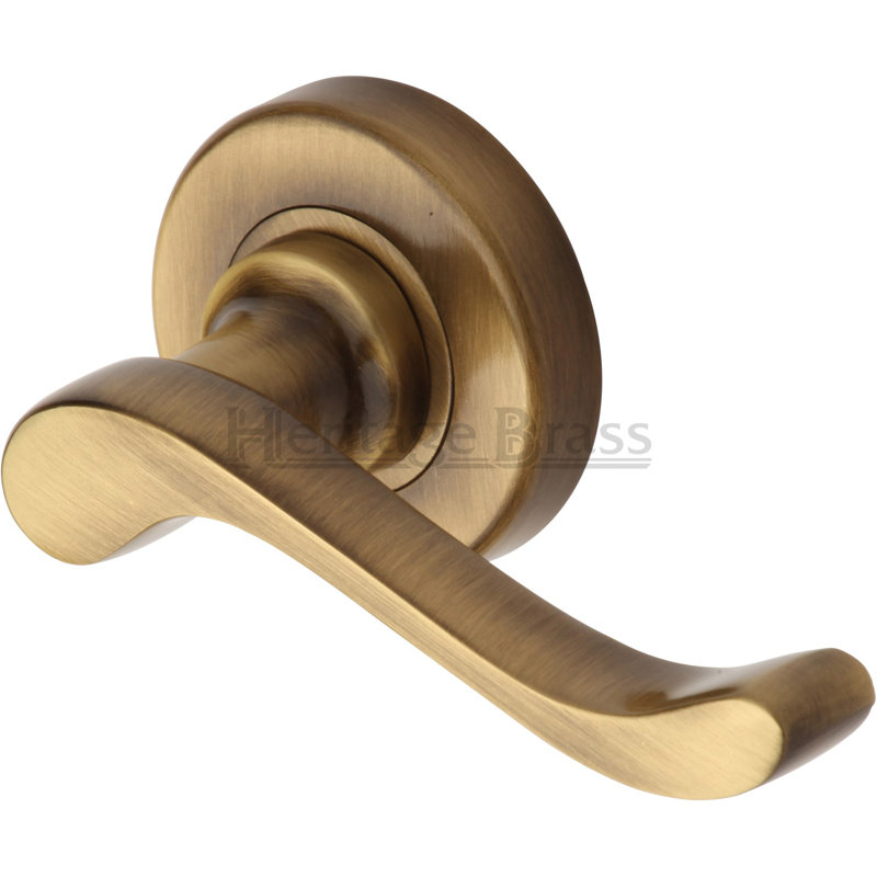 Heritage Brass Heritage Door Handle Lever Latch on Round Rose Bedford Design, Antique Brass