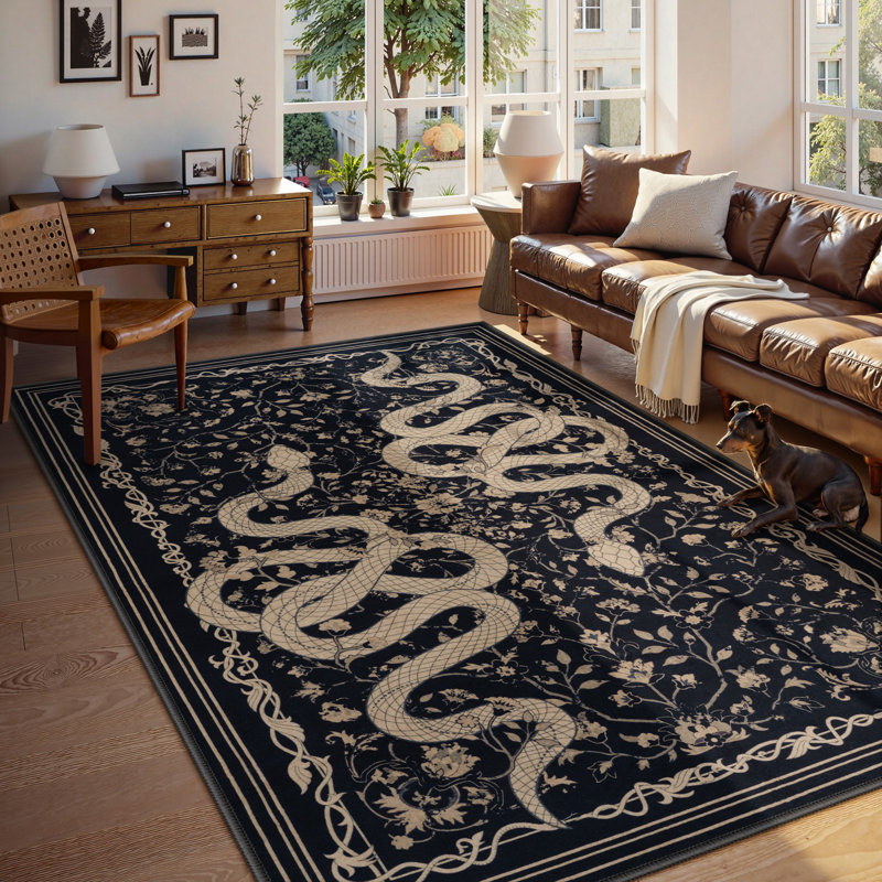 Tapis à motif de serpent noir lavable Palos Vintage, Noir, Runner 2' x 6'