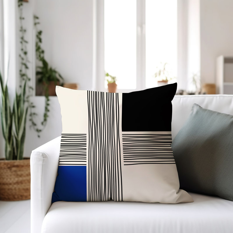Cassie Abstract Outdoor Reversible Throw Pillow, 19"H x 19"W, Navy Blue/Cream/Black