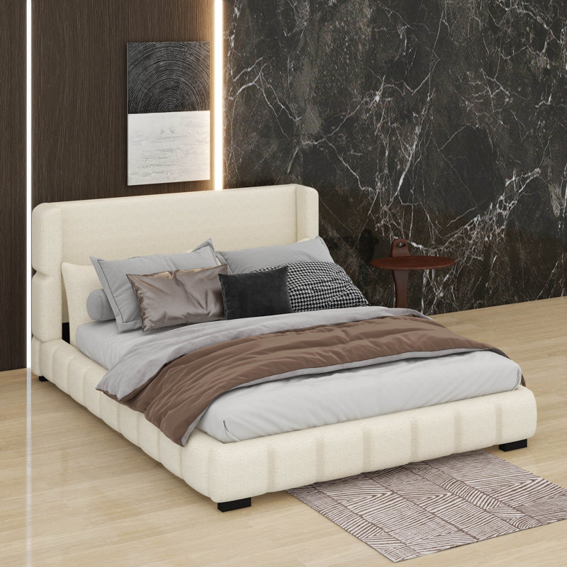 Velvet Upholstered Platform Bed With 2 Pillows And Wingback Headboard, Queen, White
