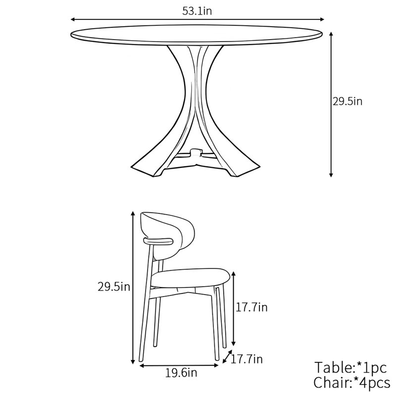 European minimalist round dining table set, 29.5"H x 53.1"L x 53.1"W