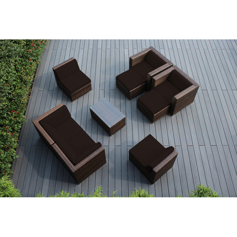 Bannan Wicker 6 - Person Seating Group with Cushions - No Assembly, Supercrylic Beige, Mixed Brown