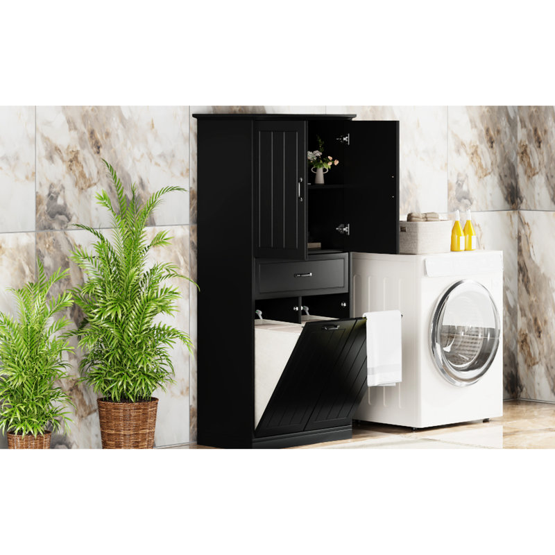 Bathroom Storage Cabinet - Black With 2 Laundry & Design Painted Tipping Device, Black