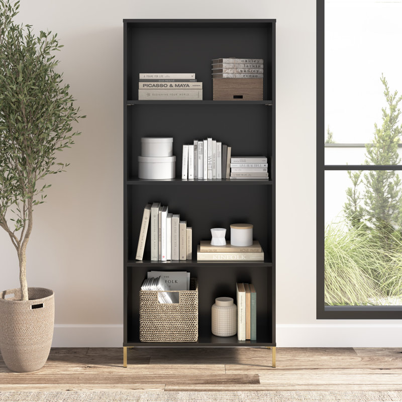 Caleshia 4 Shelf Bookcase, Black Stipple/Matte Brushed Brass