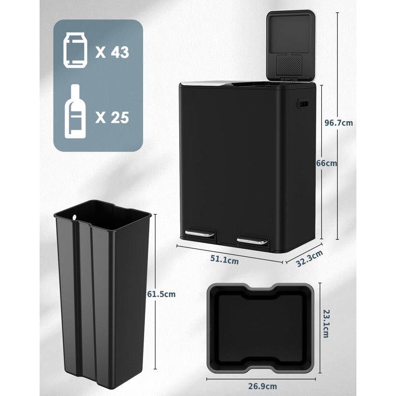 Stainless Steel Step On Multi-Compartment Rubbish & Recycling Bin - 60L, Matte Black