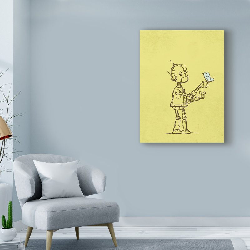 « robot oiseau », art sur toile, H 24 po x l 18 po x P 2 po