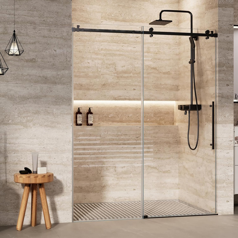 Shower Glass Door with Waterroof Seal Strip (56-60" W x 75 "H), Frameless Shower Sliding Door with Clear SGCC Tempered Glass 5/16" (8mm), Stainless Steel Hardware, Black