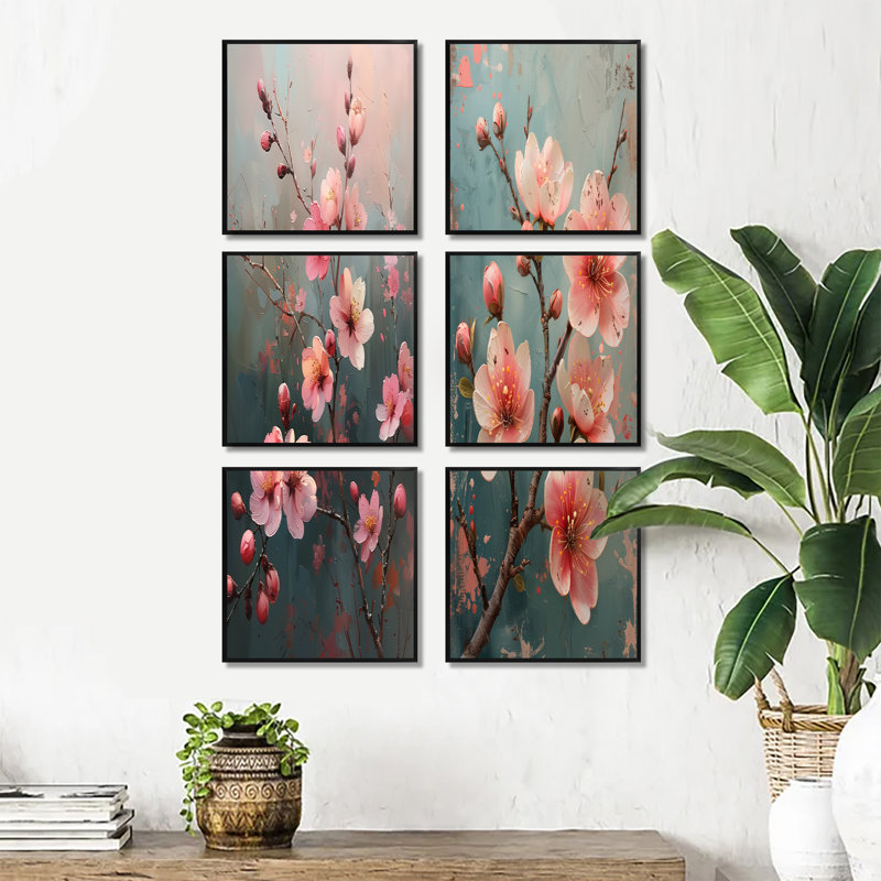 Rose, gris, cerisier, fleur, charme féminin - Ensemble de 6 impressions sur toile de fleurs de cerisier, Noir