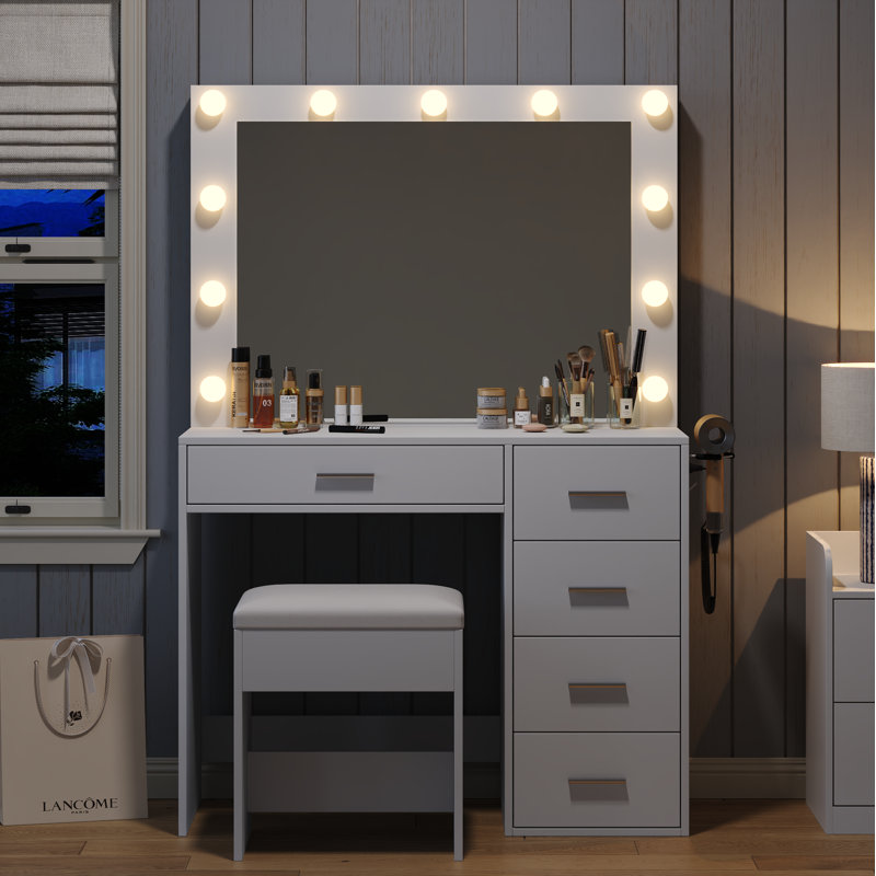 grey dressing table with lights Grey Vanity Desk with Lighted Mirror, Glass Top, Jewelry Cabinet, Charging Station & Stool