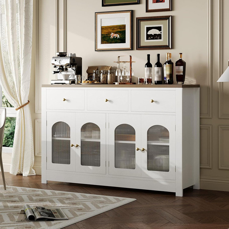 55" Modern Buffet Cabinet with Arched Acrylic Fluted Doors & 3 Drawers, Sideboard Coffee Bar with Adjustable Shelves for Dining Room, Living Room, Kitchen