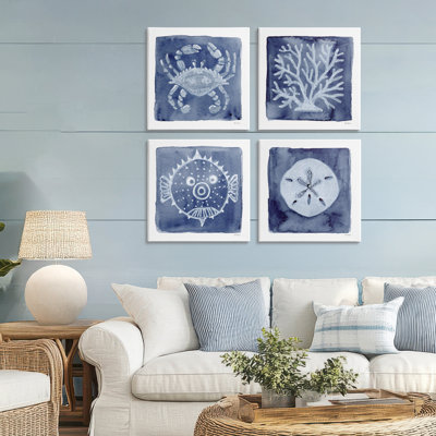 Aquatic Creatures on Indigo 4pc Canvas Set, design by Patti Bishop