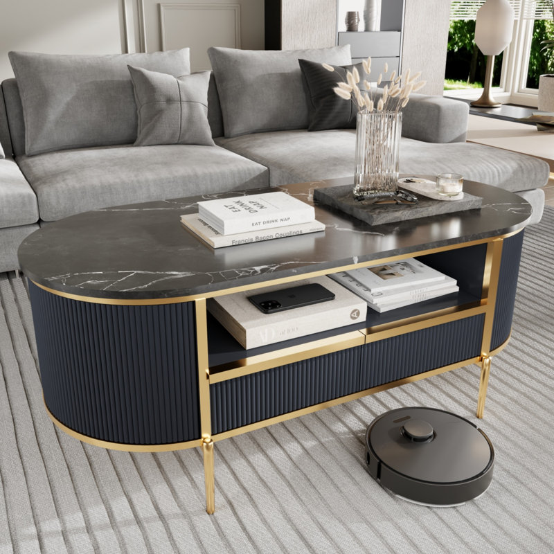48" Luxury Faux Marble Coffee Table With Curved Fluted Design, Black/Navy