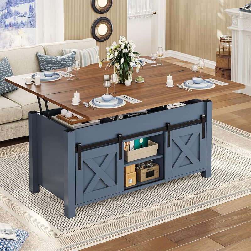 Table basse Lonan avec rangement et compartiment caché, Brun/bleu