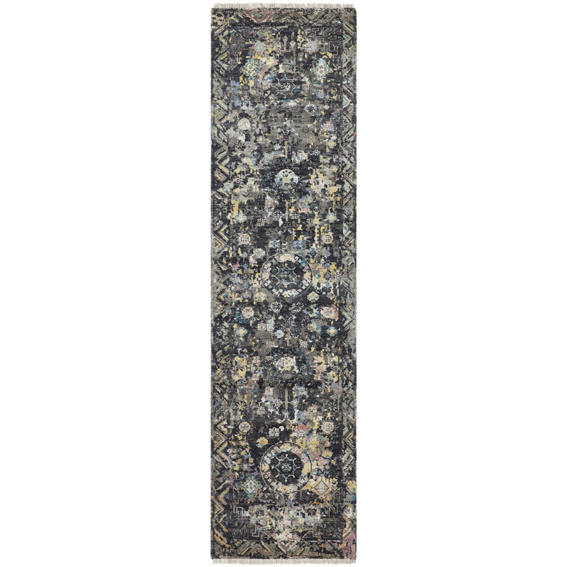 Tapis gris anthracite noué à la main Kyya, Tapis de couloir 2 pi 6 po x 10 pi