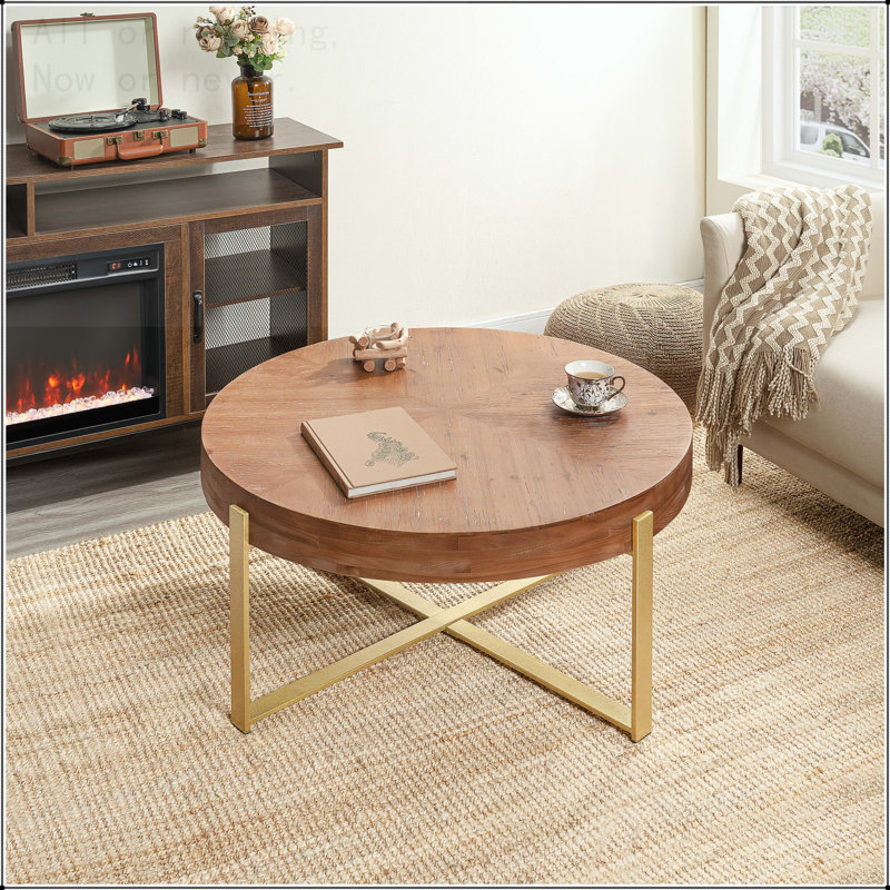 Table basse ronde moderne avec pieds croisés, L 33,76 po, Or
