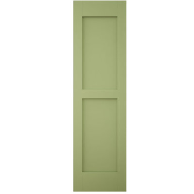 12"W x 81"H Americraft Two Equal Flat Panel Exterior Real Wood Shutters (Per Pair), w/ Aluminum Shutter Caps, Moss Green