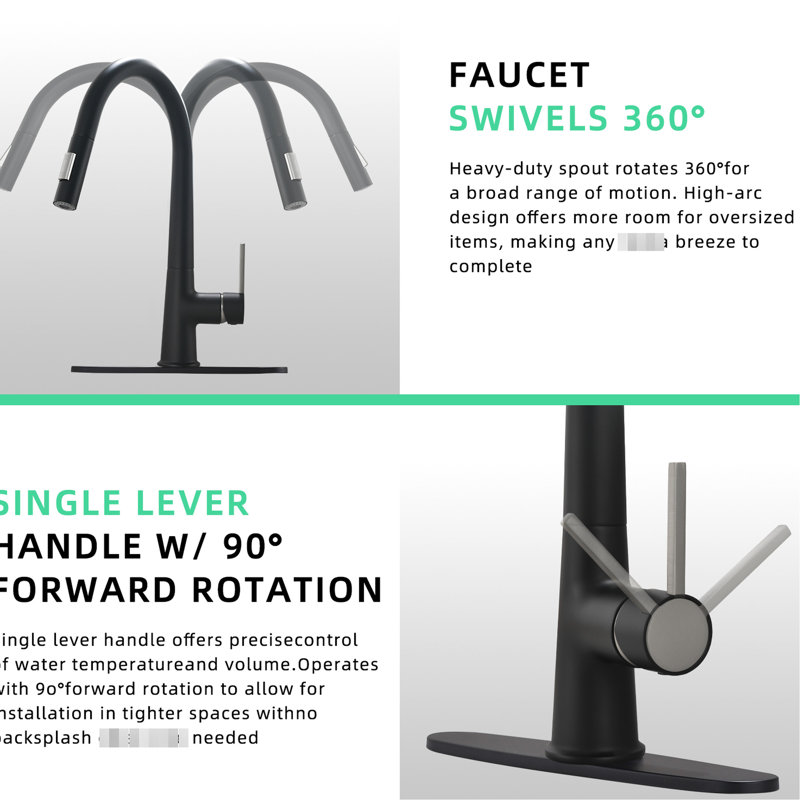 Black Single Handle Pull Out Kitchen Faucet, Contemporary, Ceramic Filler, Brass, With Deck Plate Faucet Out, Contemporary Style, Brass Material,