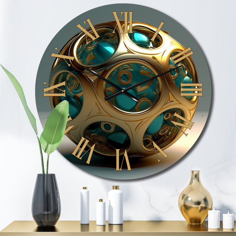 Confronting Infinity 3D Turquoise Gold Sphere II - Abstract Fractal Wall Clock, Petit