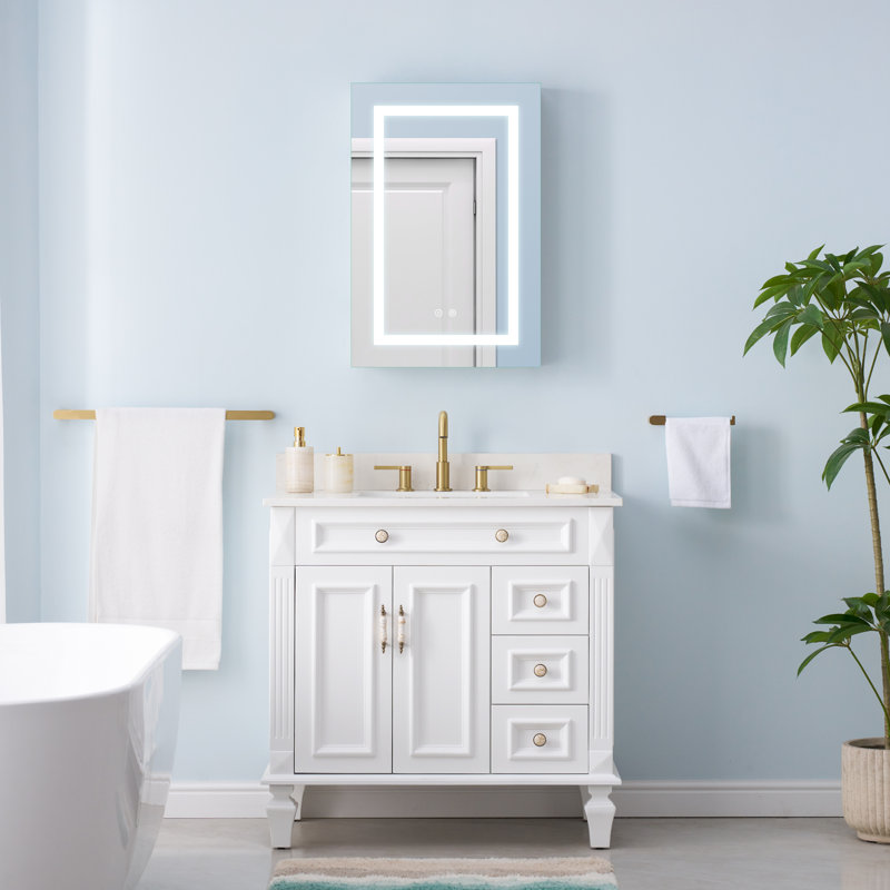 Armoire de salle de bain à DEL encastrée ou en surface avec tablettes en verre réglables, H 30 po x l 20 po x P 4,63 po, Oui