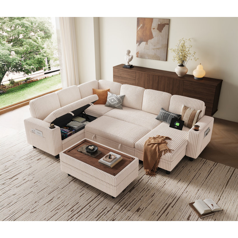 Canapé modulaire rembourré Sherry de 106 po avec repose-pieds et charge USB Sherry, Velours côtelé Effie Beige
