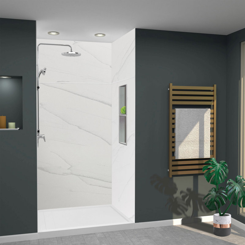 Ensemble de mur de douche transitionnel à coller 6 pièces Transolide Lusso , H 96 po x l 48 po x P 36 po, Palladio blanc