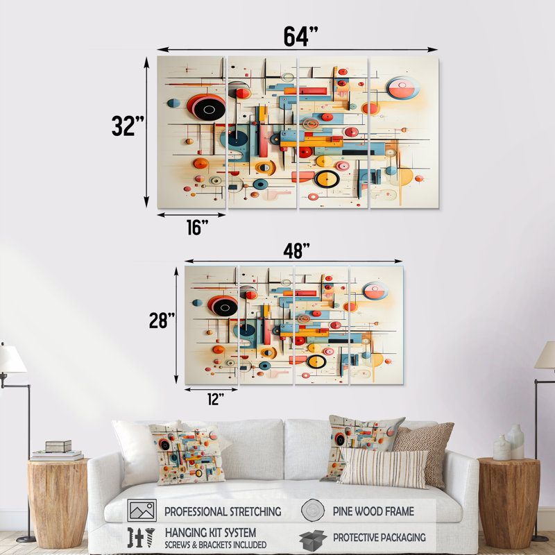 Ensemble d'art mural géométrique rétro Mid Century, H 32 po x l 64 po