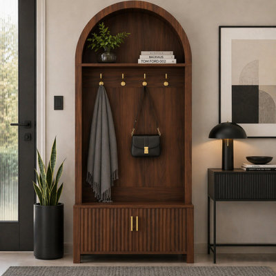 Portemanteau avec banc et rangement pour chaussures, banc de vestiaire avec rangement, portemanteau en arche de 70,3 po avec 4 crochets en métal et 2 portes cannelées, organisateur de meubles de style pour vestibule, vestibule, couloir