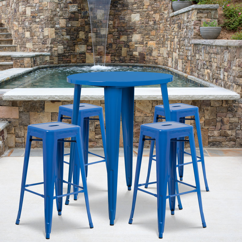 Colbert 30'' Round Metal Indoor-Outdoor Bar Table Set with 4 Square Seat Backless Stools, Blue, 41" H x 30" W x 30" L